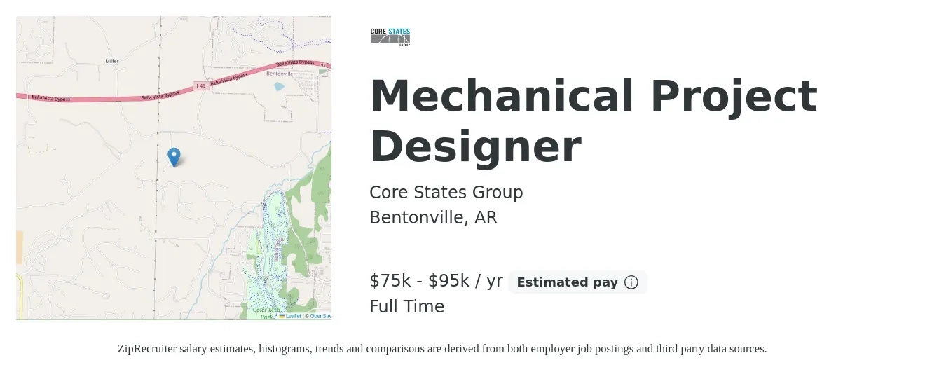 Core States Group job posting for a Mechanical Project Designer in Bentonville, AR with a salary of $75,000 to $95,000 Yearly with a map of Bentonville location.