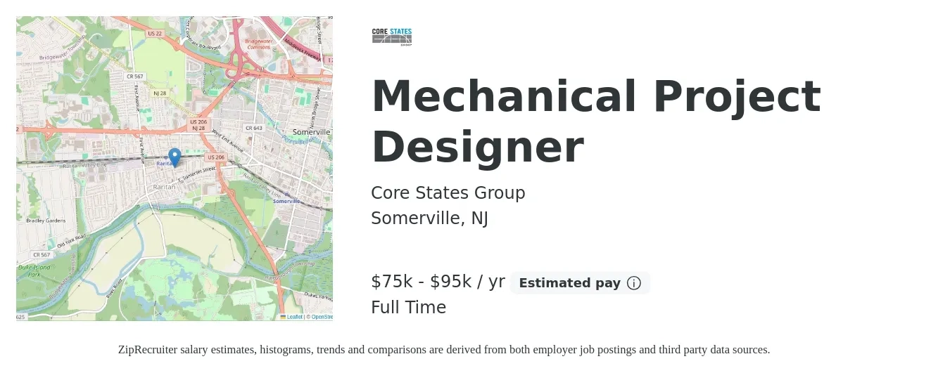 Core States Group job posting for a Mechanical Project Designer in Somerville, NJ with a salary of $75,000 to $95,000 Yearly with a map of Somerville location.