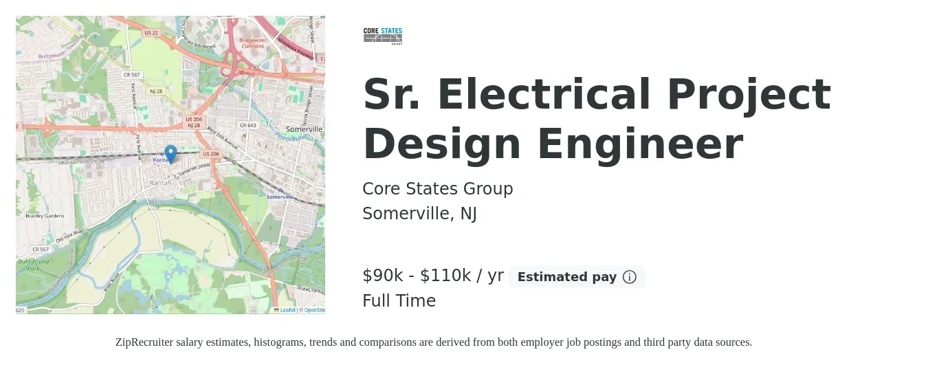 Core States Group job posting for a Sr. Electrical Project Design Engineer in Somerville, NJ with a salary of $90,000 to $110,000 Yearly with a map of Somerville location.