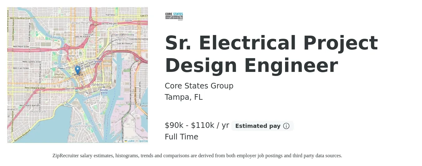 Core States Group job posting for a Sr. Electrical Project Design Engineer in Tampa, FL with a salary of $90,000 to $110,000 Yearly with a map of Tampa location.