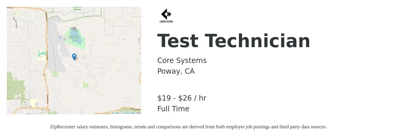 Core Systems job posting for a Test Technician in Poway, CA with a salary of $20 to $28 Hourly with a map of Poway location.