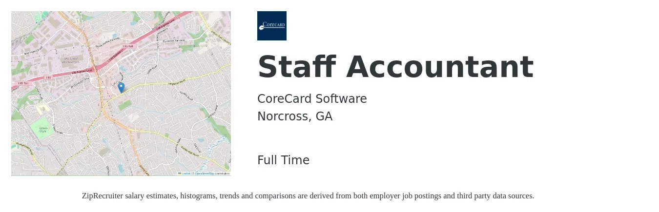 CoreCard Software job posting for a Staff Accountant in Norcross, GA with a salary of $50,600 to $66,700 Yearly with a map of Norcross location.