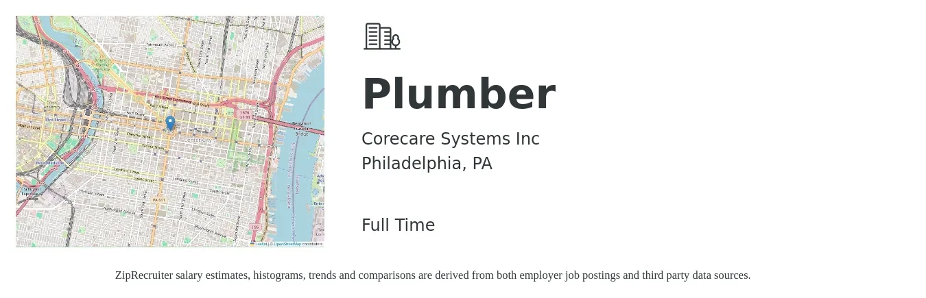 Corecare Systems Inc job posting for a Plumber in Philadelphia, PA with a salary of $25 to $37 Hourly with a map of Philadelphia location.