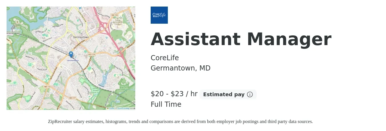 CoreLife job posting for a Assistant Manager in Germantown, MD with a salary of $21 to $23 Hourly with a map of Germantown location.