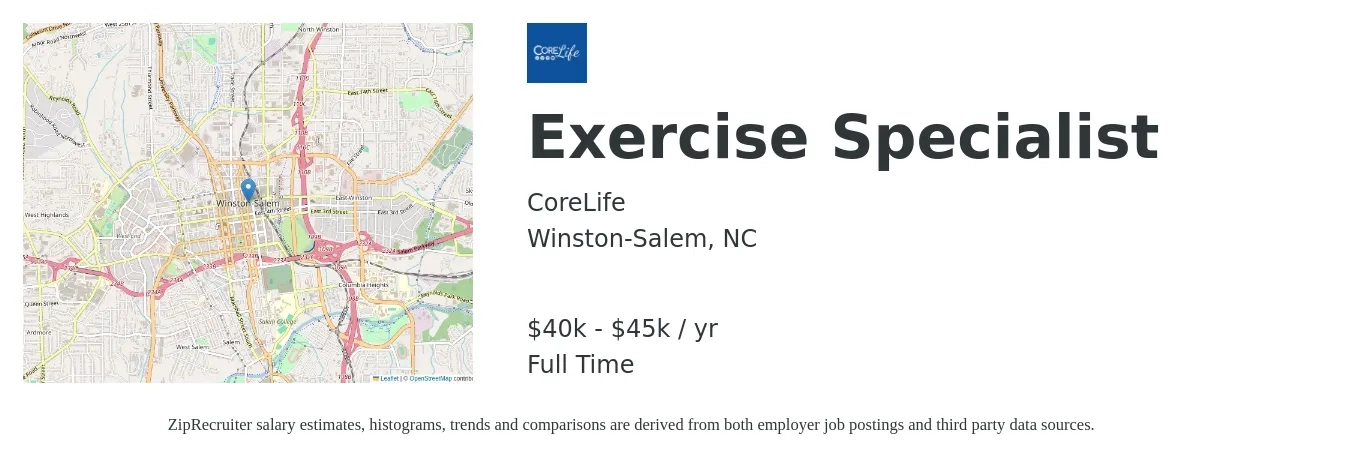 CoreLife job posting for a Exercise Specialist in Winston-Salem, NC with a salary of $40,000 to $45,000 Yearly with a map of Winston-Salem location.