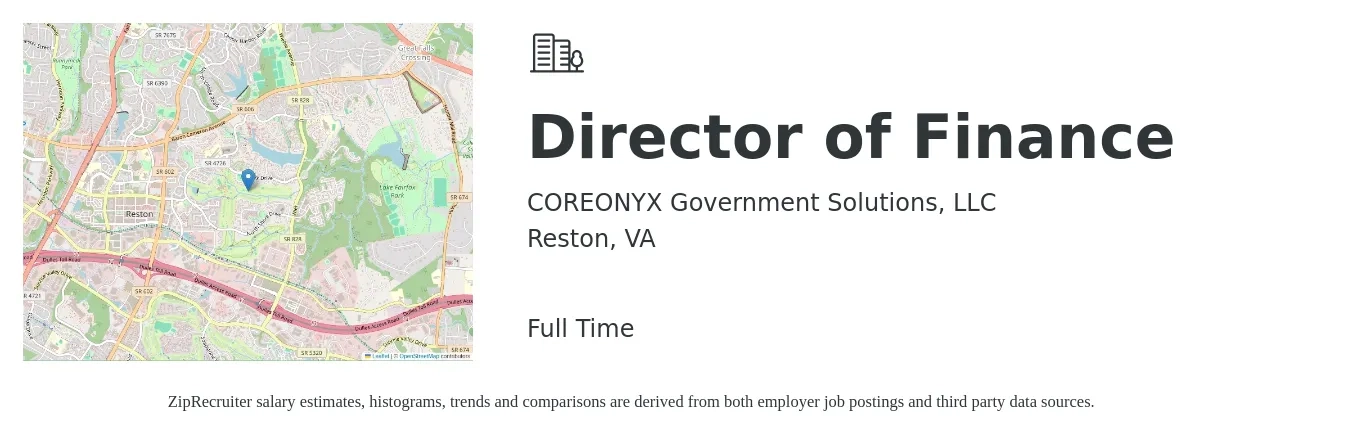 COREONYX Government Solutions, LLC job posting for a Director of Finance in Reston, VA with a salary of $104,700 to $159,500 Yearly with a map of Reston location.