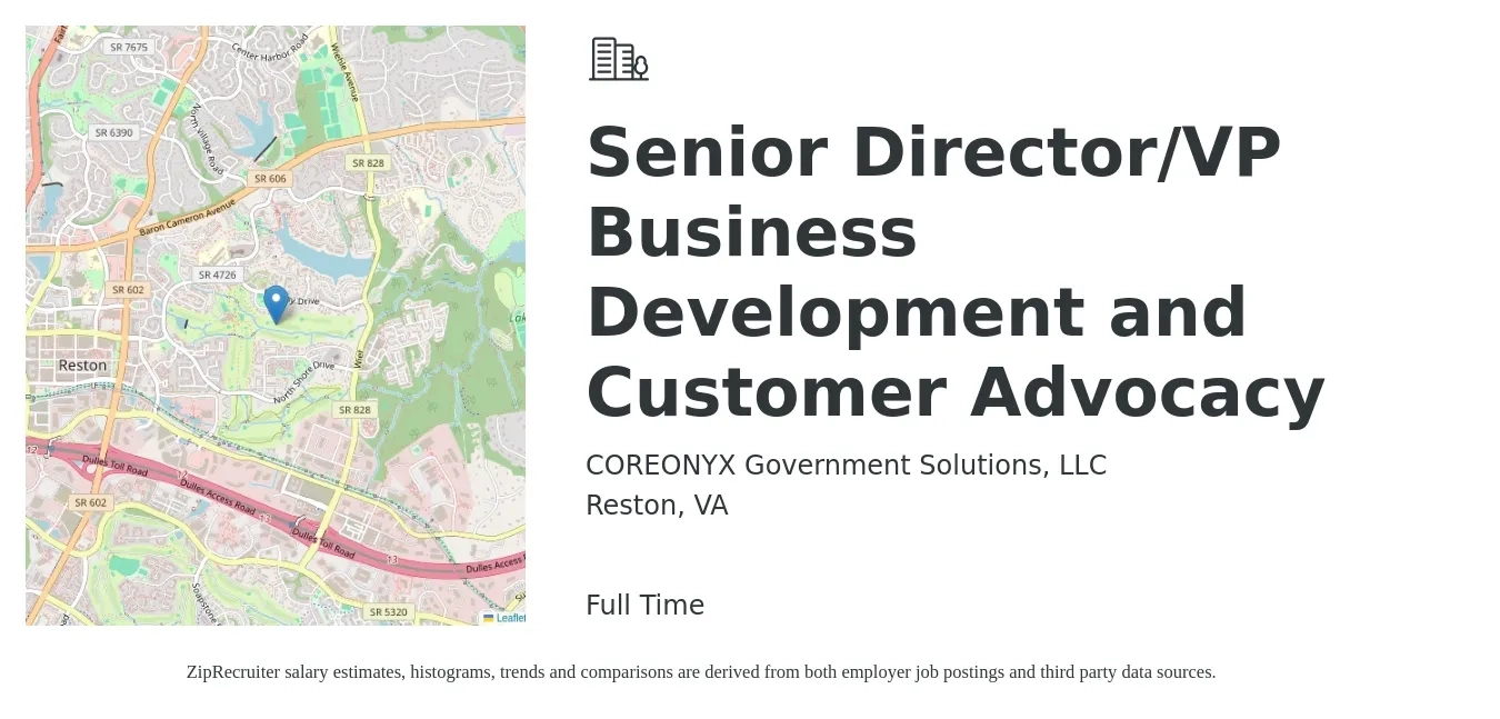 COREONYX Government Solutions, LLC job posting for a Senior Director/VP Business Development and Customer Advocacy in Reston, VA with a salary of $124,000 to $201,200 Yearly with a map of Reston location.