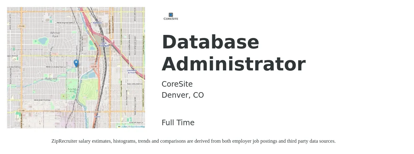 CoreSite job posting for a Database Administrator in Denver, CO with a salary of $75,000 to $90,000 Yearly with a map of Denver location.