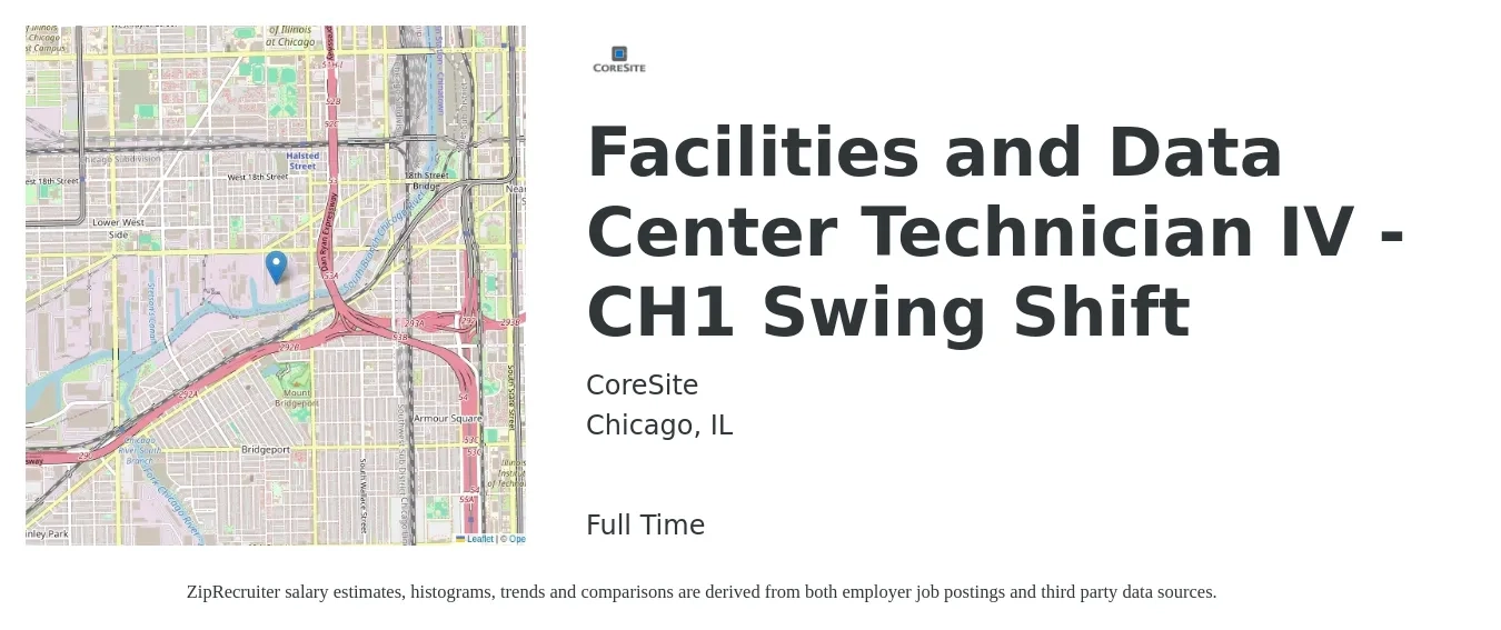 CoreSite job posting for a Facilities and Data Center Technician IV - CH1 Swing Shift in Chicago, IL with a salary of $20 to $28 Hourly with a map of Chicago location.