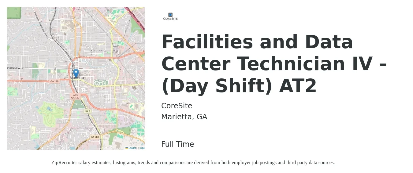 CoreSite job posting for a Facilities and Data Center Technician IV - (Day Shift) AT2 in Marietta, GA with a salary of $18 to $26 Hourly with a map of Marietta location.