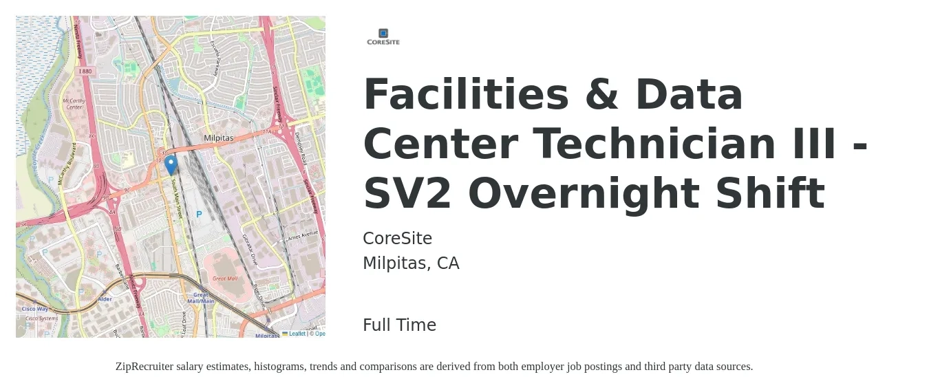 CoreSite job posting for a Facilities & Data Center Technician III - SV2 Overnight Shift in Milpitas, CA with a salary of $23 to $32 Hourly with a map of Milpitas location.