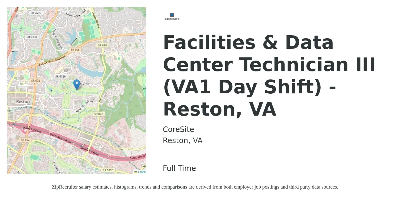 CoreSite job posting for a Facilities & Data Center Technician III (VA1 Day Shift) - Reston, VA in Reston, VA with a salary of $22 to $31 Hourly with a map of Reston location.