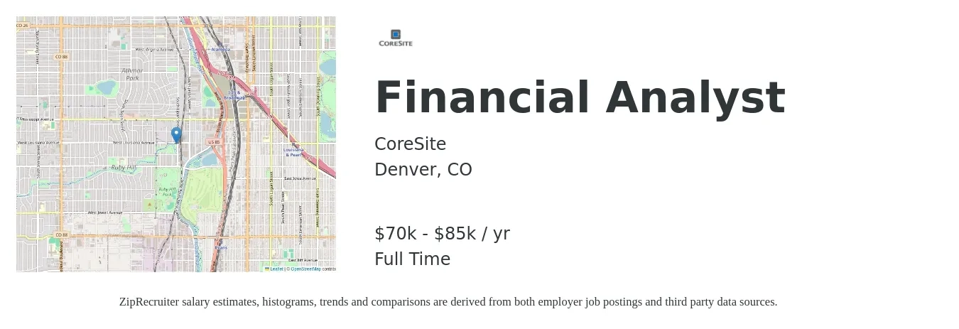 CoreSite job posting for a Financial Analyst in Denver, CO with a salary of $70,000 to $85,000 Yearly with a map of Denver location.