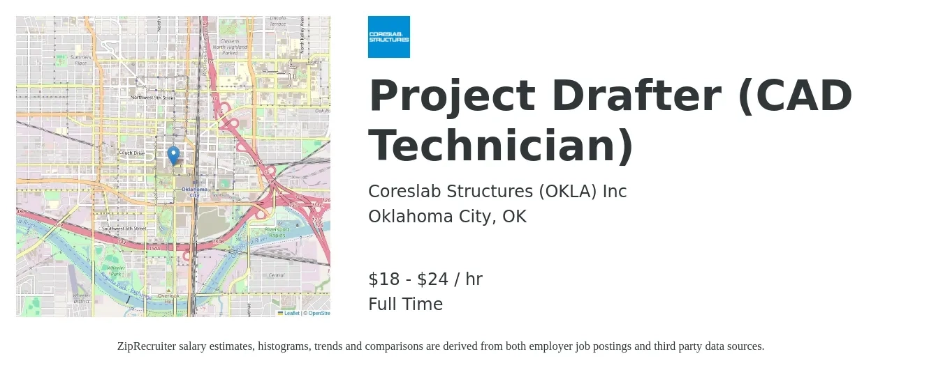 Coreslab Structures (OKLA) Inc job posting for a Project Drafter (CAD Technician) in Oklahoma City, OK with a salary of $19 to $25 Hourly with a map of Oklahoma City location.