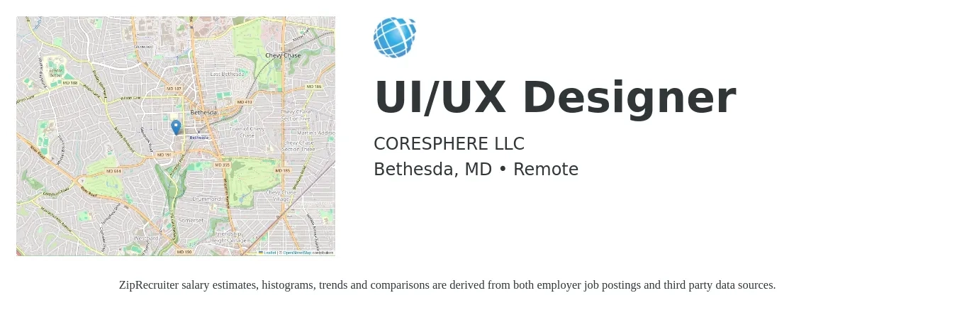 CORESPHERE LLC job posting for a UI/UX Designer in Bethesda, MD with a salary of $46 to $72 Hourly with a map of Bethesda location.