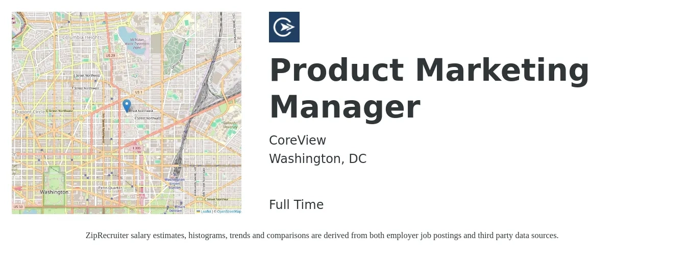 CoreView job posting for a Product Marketing Manager in Washington, DC with a salary of $174,400 Yearly with a map of Washington location.
