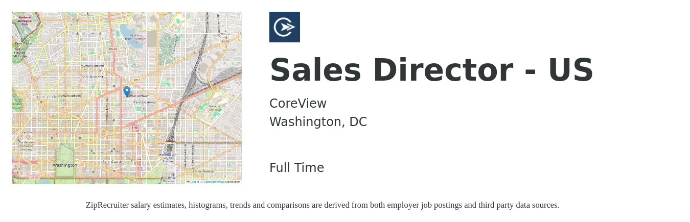 CoreView job posting for a Sales Director - US in Washington, DC with a salary of $79,800 to $141,600 Yearly with a map of Washington location.