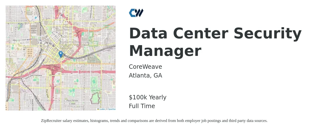 CoreWeave job posting for a Data Center Security Manager in Atlanta, GA with a salary of $100,000 Yearly with a map of Atlanta location.