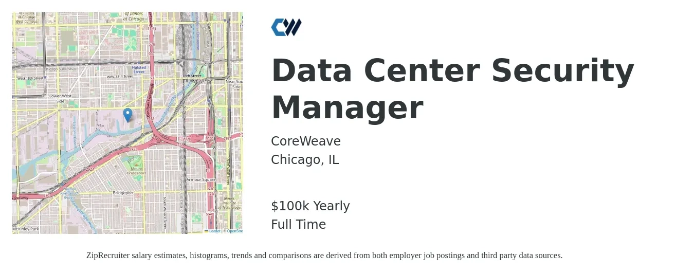 CoreWeave job posting for a Data Center Security Manager in Chicago, IL with a salary of $100,000 Yearly with a map of Chicago location.