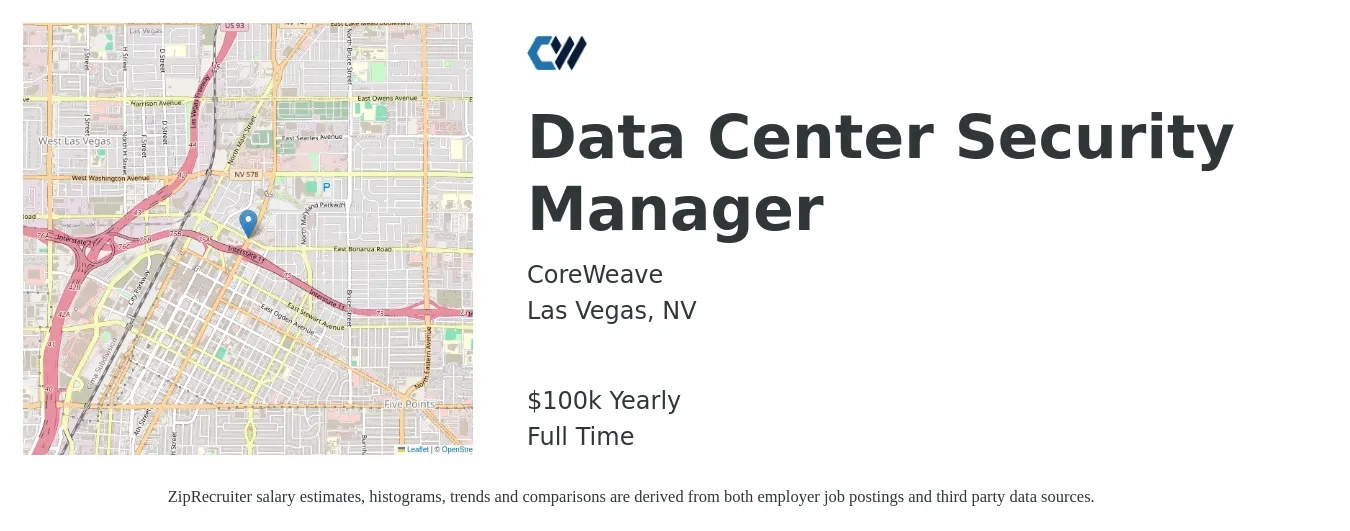 CoreWeave job posting for a Data Center Security Manager in Las Vegas, NV with a salary of $100,000 Yearly with a map of Las Vegas location.