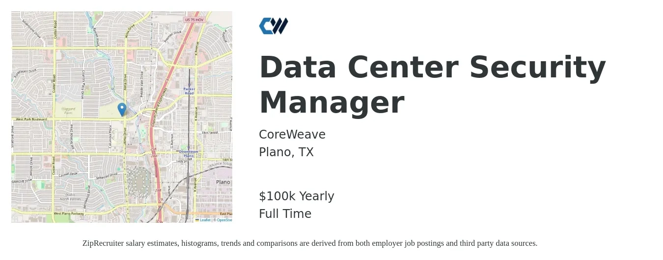 CoreWeave job posting for a Data Center Security Manager in Plano, TX with a salary of $100,000 Yearly with a map of Plano location.