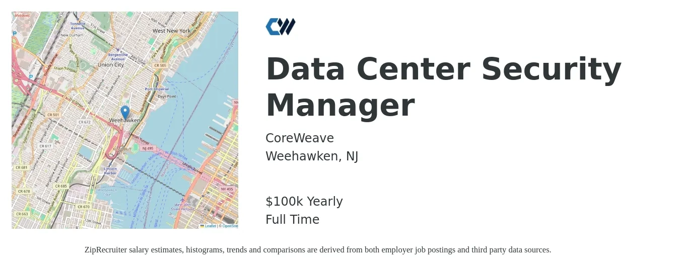 CoreWeave job posting for a Data Center Security Manager in Weehawken, NJ with a salary of $100,000 Yearly with a map of Weehawken location.