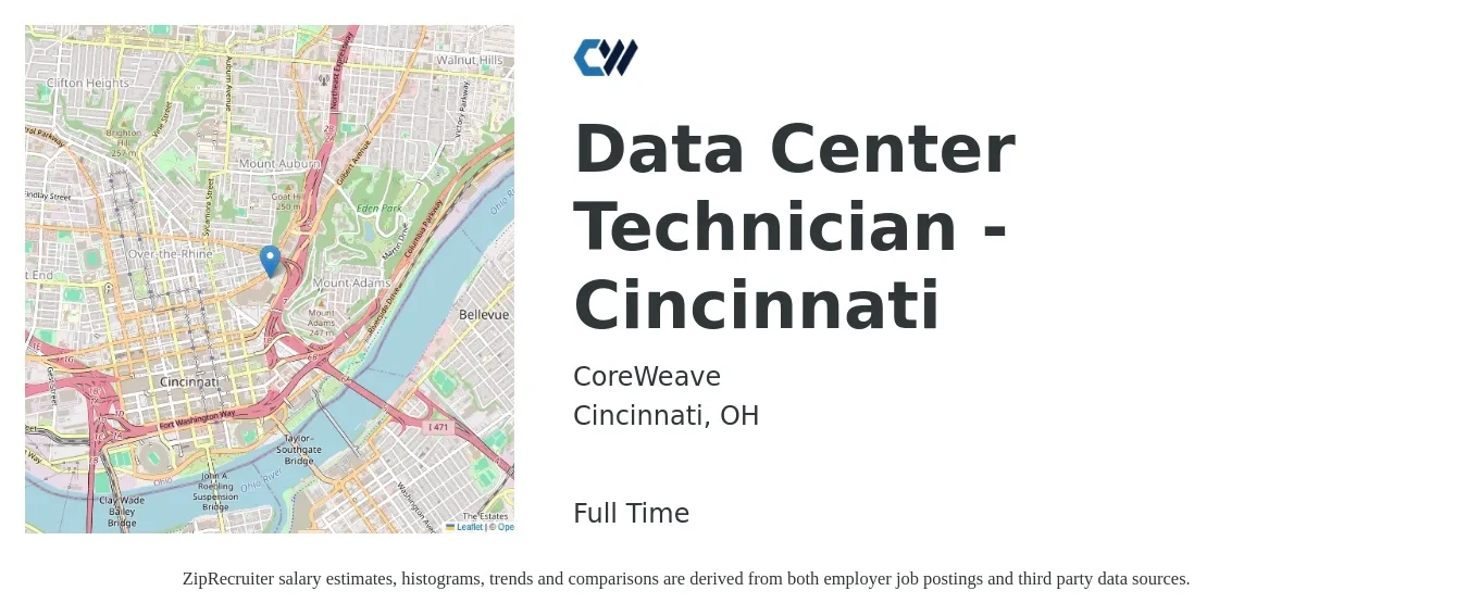 CoreWeave job posting for a Data Center Technician - Cincinnati in Cincinnati, OH with a salary of $20 to $29 Hourly with a map of Cincinnati location.
