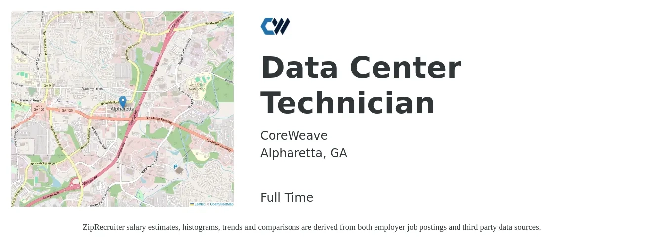 CoreWeave job posting for a Data Center Technician in Alpharetta, GA with a salary of $21 to $29 Hourly with a map of Alpharetta location.