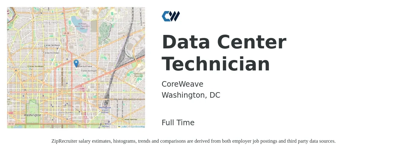 CoreWeave job posting for a Data Center Technician in Washington, DC with a salary of $24 to $34 Hourly with a map of Washington location.