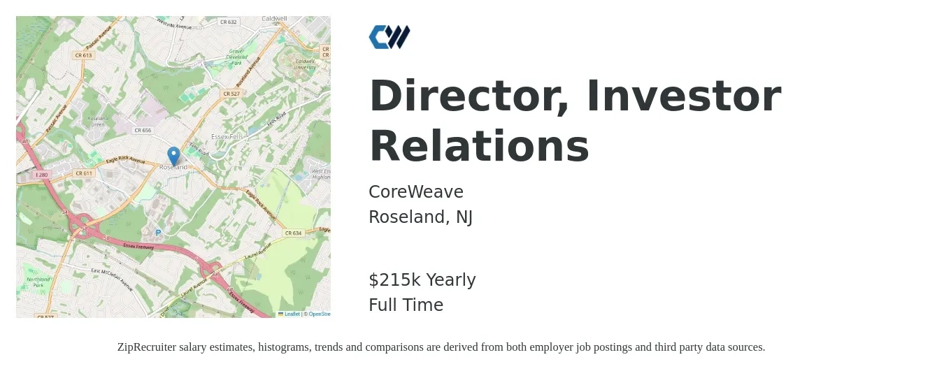 CoreWeave job posting for a Director, Investor Relations in Roseland, NJ with a salary of $215,000 Yearly with a map of Roseland location.