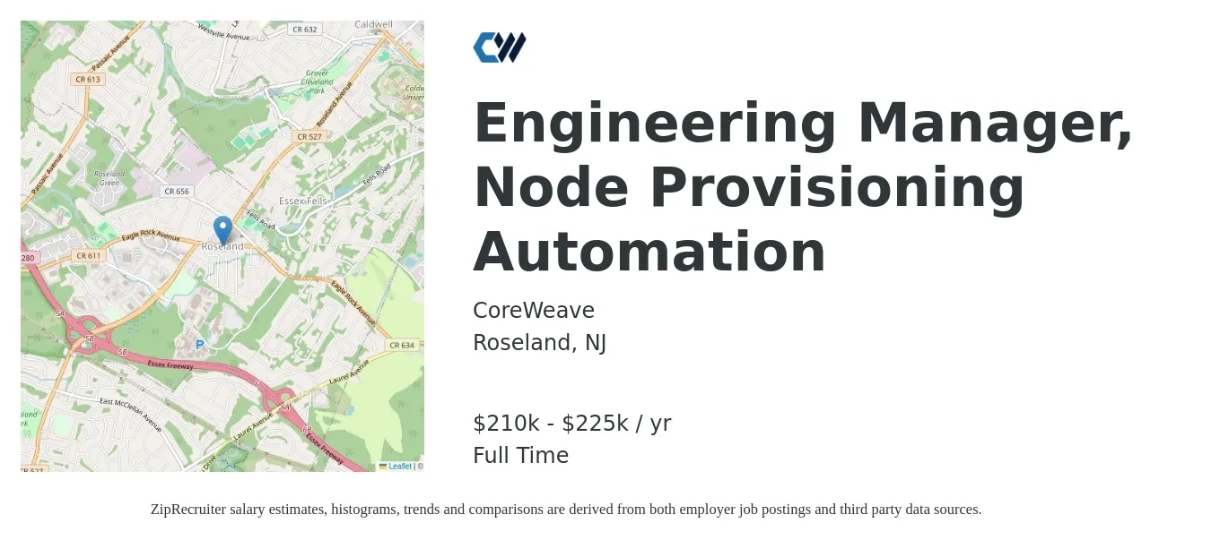 CoreWeave job posting for a Engineering Manager, Node Provisioning Automation in Roseland, NJ with a salary of $210,000 to $255,000 Yearly with a map of Roseland location.