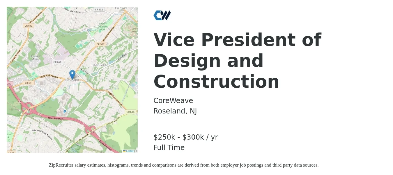 CoreWeave job posting for a Vice President of Design and Construction in Roseland, NJ with a salary of $250,000 to $300,000 Yearly with a map of Roseland location.
