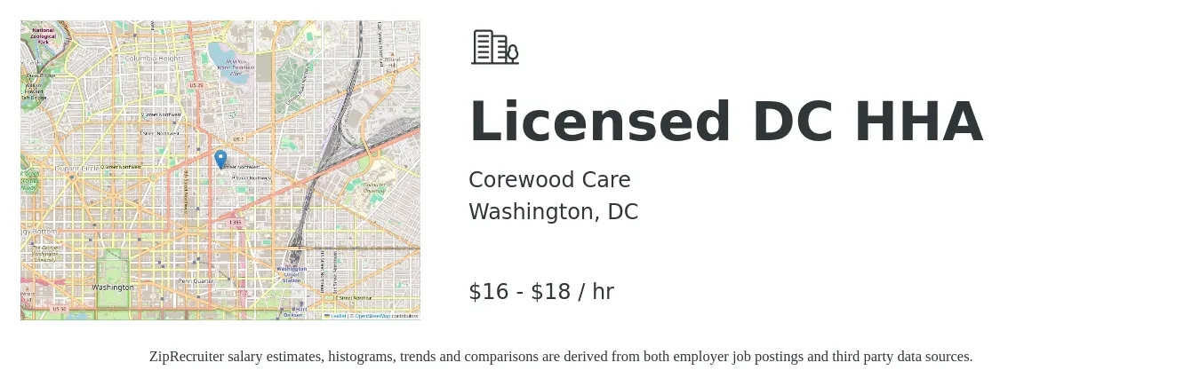 Corewood Care job posting for a Licensed DC HHA in Washington, DC with a salary of $17 Hourly with a map of Washington location.