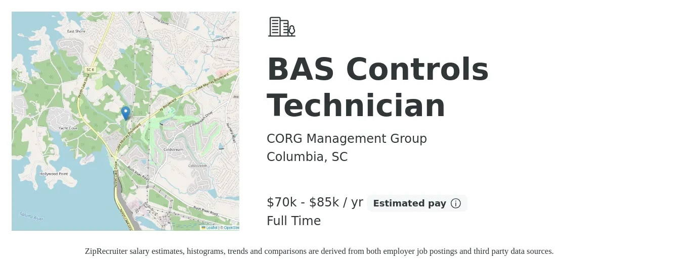 CORG Management Group job posting for a BAS Controls Technician in Columbia, SC with a salary of $65,000 to $75,000 Yearly with a map of Columbia location.