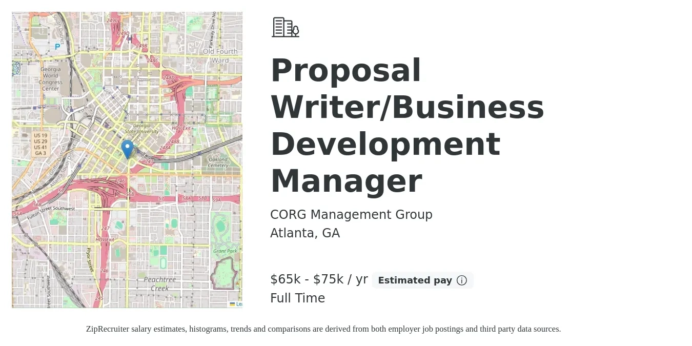 CORG Management Group job posting for a Proposal Writer/Business Development Manager in Atlanta, GA with a salary of $65,000 to $75,000 Yearly with a map of Atlanta location.