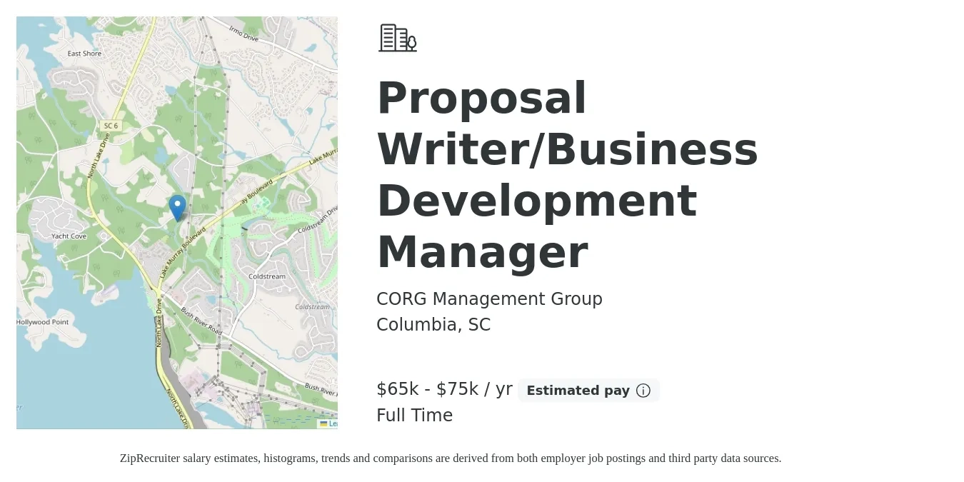 CORG Management Group job posting for a Proposal Writer/Business Development Manager in Columbia, SC with a salary of $65,000 to $75,000 Yearly with a map of Columbia location.