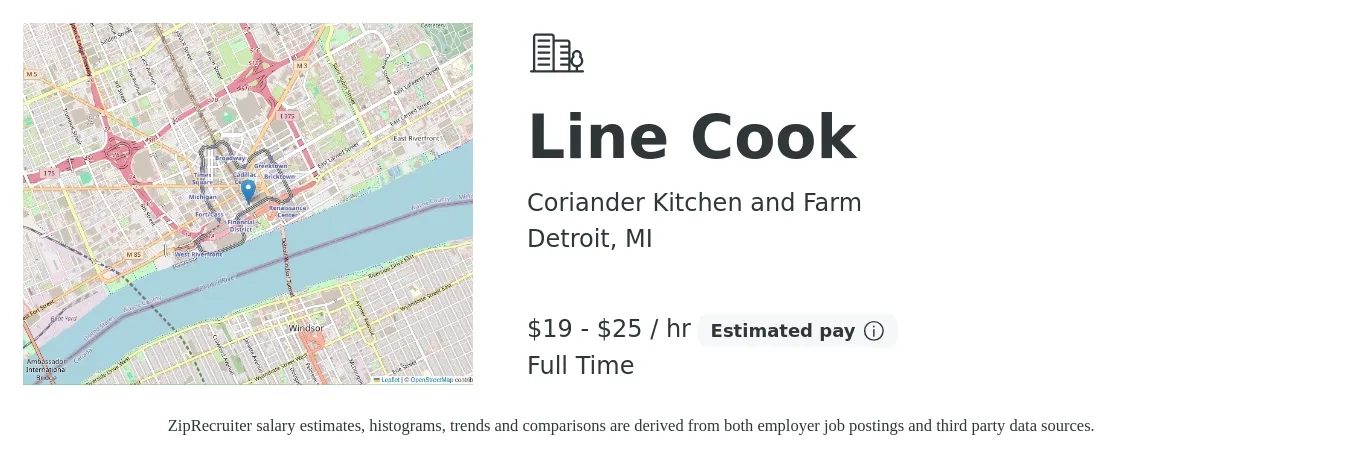 Coriander Kitchen and Farm job posting for a Line Cook in Detroit, MI with a salary of $20 to $26 Hourly with a map of Detroit location.