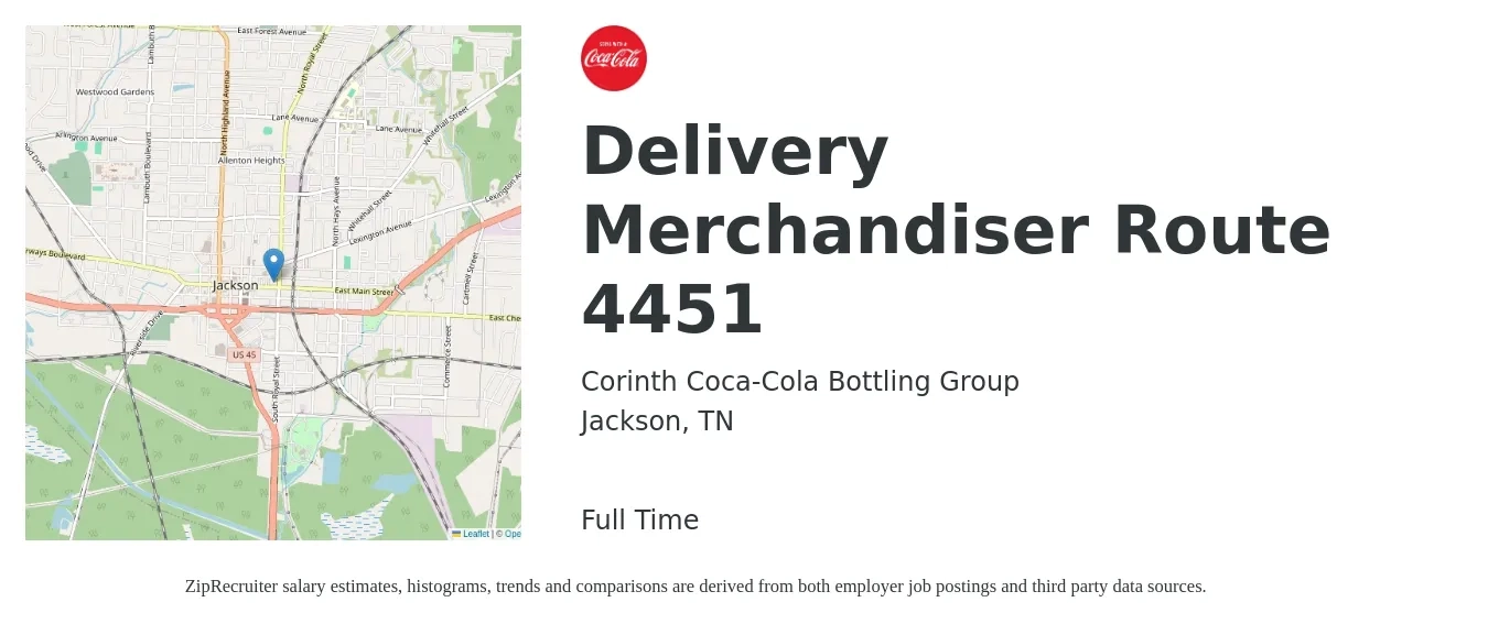 Corinth Coca-Cola Bottling Group job posting for a Delivery Merchandiser Route 4451 in Jackson, TN with a salary of $16 to $21 Hourly with a map of Jackson location.