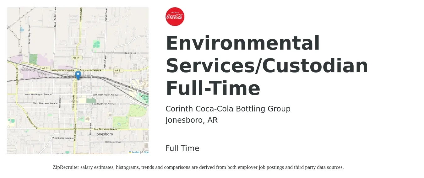 Corinth Coca-Cola Bottling Group job posting for a Environmental Services/Custodian Full-Time in Jonesboro, AR with a salary of $11 to $14 Hourly with a map of Jonesboro location.