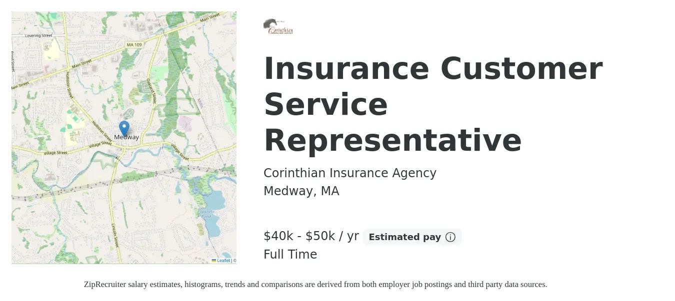 Corinthian Insurance Agency job posting for a Insurance Customer Service Representative in Medway, MA with a salary of $40,000 to $50,000 Yearly with a map of Medway location.
