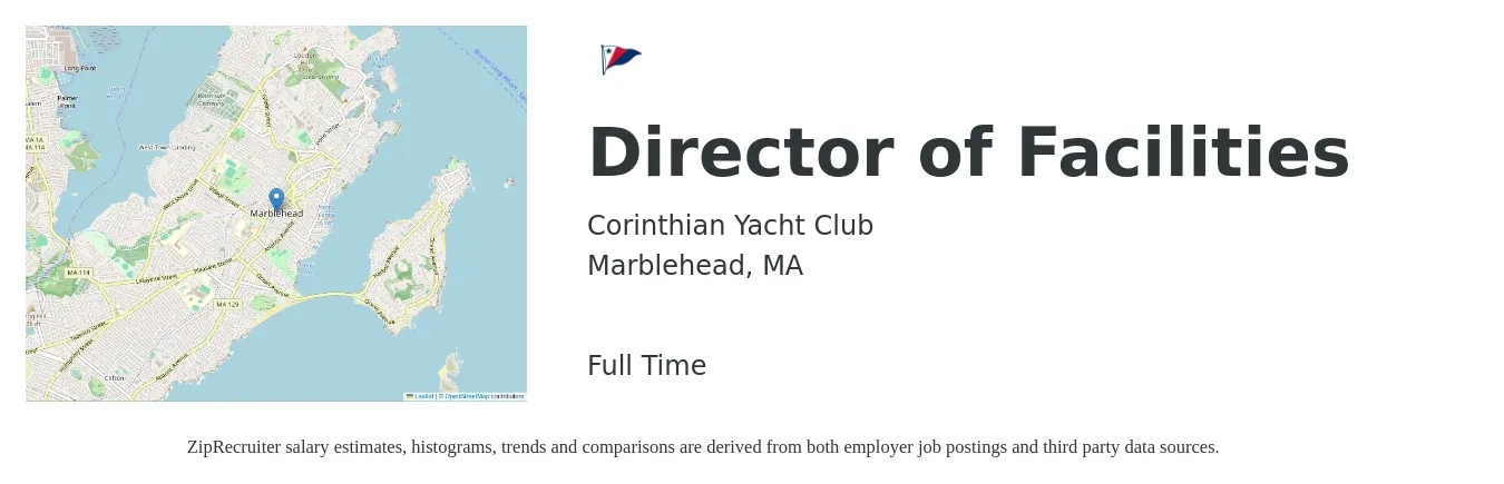 Corinthian Yacht Club job posting for a Director of Facilities in Marblehead, MA with a salary of $102,800 to $225,800 Yearly with a map of Marblehead location.