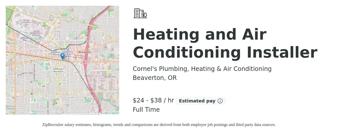 Cornel's Plumbing, Heating & Air Conditioning job posting for a Heating and Air Conditioning Installer in Beaverton, OR with a salary of $25 to $40 Hourly with a map of Beaverton location.