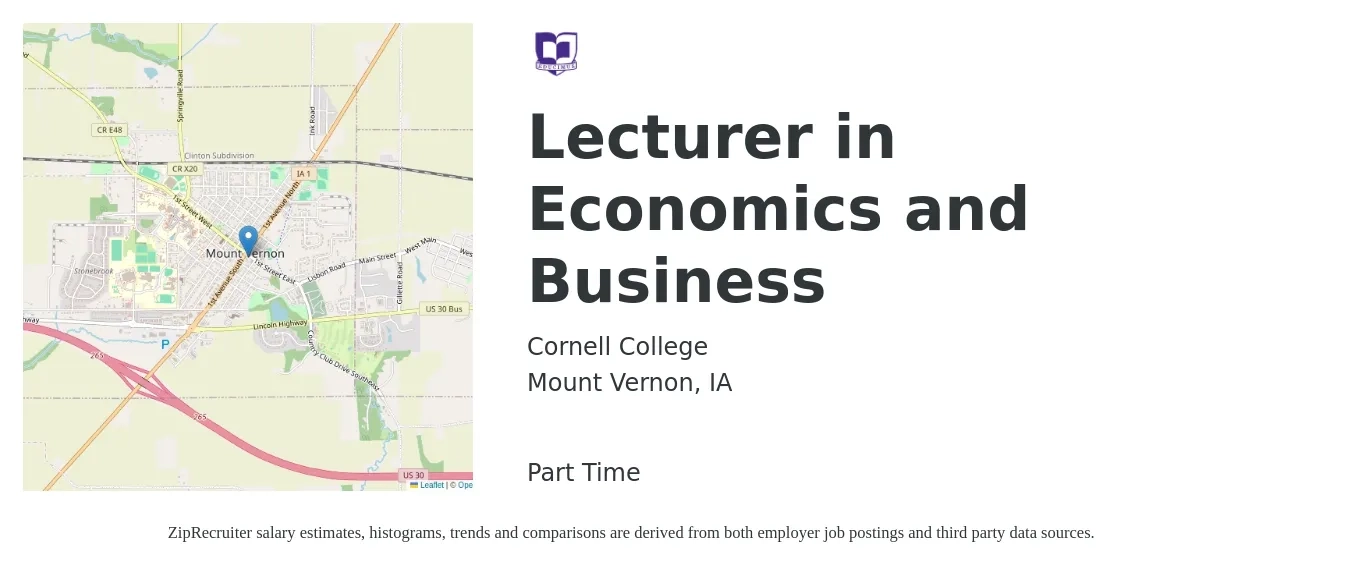 Cornell College job posting for a Lecturer in Economics and Business in Mount Vernon, IA with a salary of $48,500 to $68,500 Yearly with a map of Mount Vernon location.