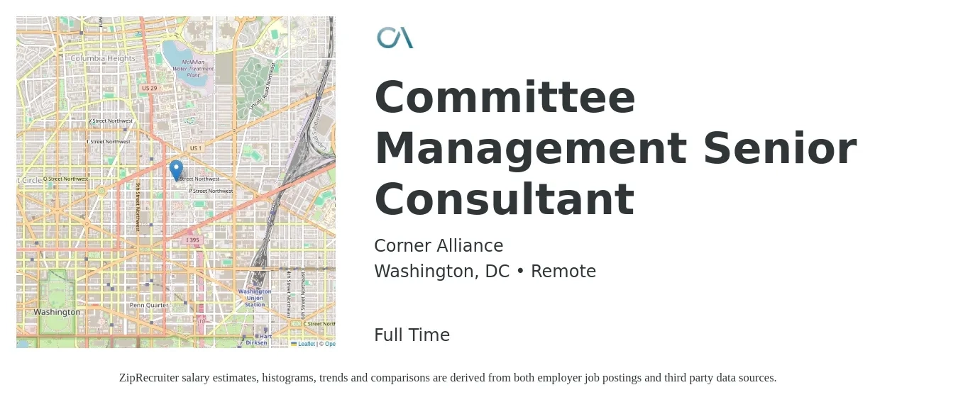 Corner Alliance job posting for a Committee Management Senior Consultant in Washington, DC with a salary of $112,800 to $171,500 Yearly with a map of Washington location.