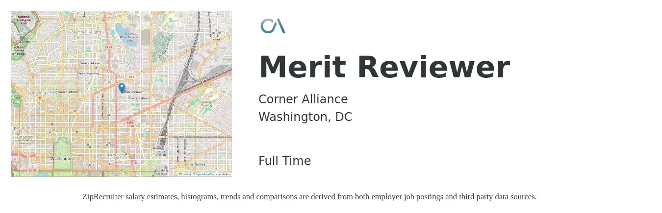Corner Alliance job posting for a Merit Reviewer in Washington, DC with a salary of $26 to $43 Hourly with a map of Washington location.