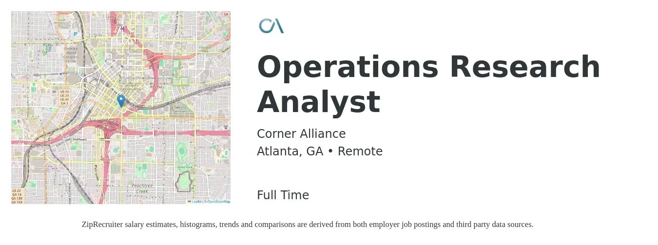 Corner Alliance job posting for a Operations Research Analyst in Atlanta, GA with a salary of $96,600 to $114,300 Yearly with a map of Atlanta location.