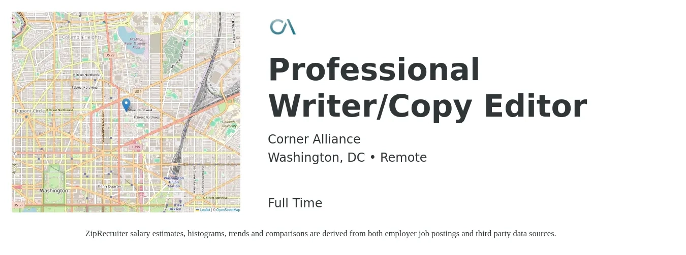 Corner Alliance job posting for a Professional Writer/Copy Editor in Washington, DC with a salary of $26 to $38 Hourly with a map of Washington location.