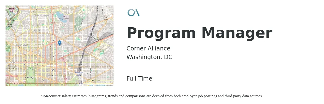 Corner Alliance job posting for a Program Manager in Washington, DC with a salary of $89,700 to $149,500 Yearly with a map of Washington location.