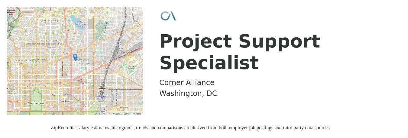 Corner Alliance job posting for a Project Support Specialist in Washington, DC with a salary of $21 to $34 Hourly with a map of Washington location.