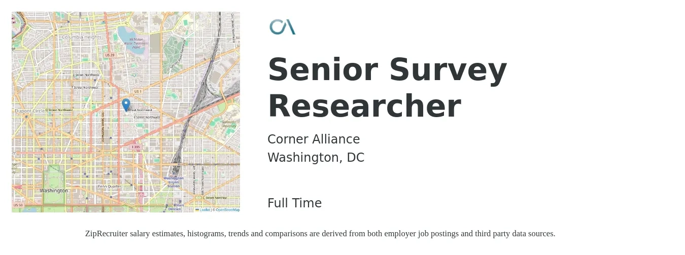Corner Alliance job posting for a Senior Survey Researcher in Washington, DC with a map of Washington location.